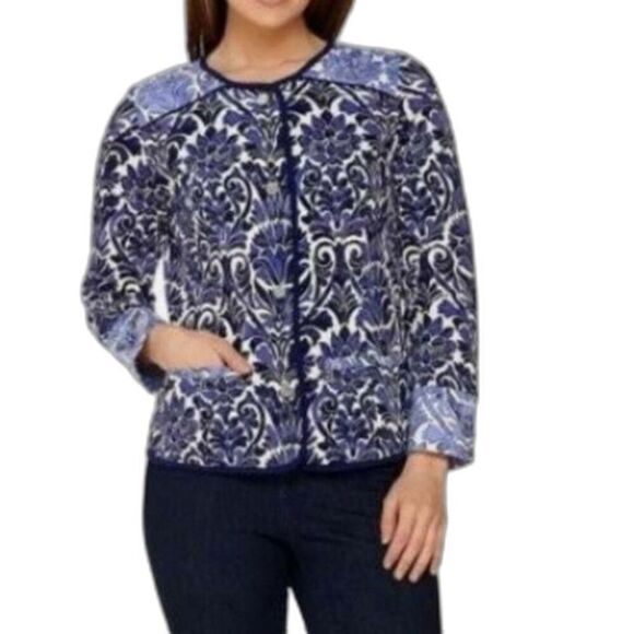 Isaac Mizrahi Floral Print Cardigan Blue Size Medium – Button Front Knit Top - Picture 2 of 14